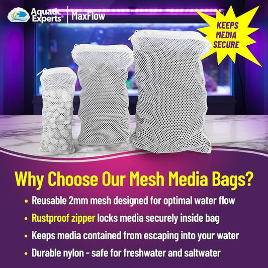 Aquatic Experts Max Flow Filter Media Bag - Durable Filter Bags for Fish Tank, Secure Aquarium Media Bag with Drawstring, Media Bags for Aquarium and Pond, Max Flow (Zipper), 8” x 12” – 3 Pack