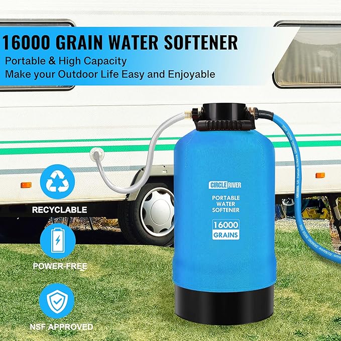 RV Water Softener with Water Hose, 16000 Grains 3/4" Brass Fittings Food-Grade Resin Soften Hard Water Improve Water Quality Portable Water Softener for RV, Trailers
