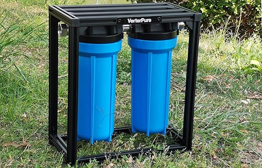 S2 PRO External 2-Stage RV Fresh Water Filter System, High Flow, Oversized Housings, 3/4" GHT Stainless Steel Fittings, Reduce Sediment, Chlorine, Odor, All Aluminium Free-Standing Chassis, Blue