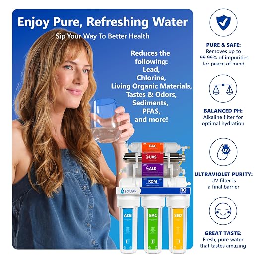 Express Water 11-Stage Reverse Osmosis Water Filtration System with Alkaline & UV Filter, Brushed Nickel Faucet – 100 GPD Under Sink Water Filter with Alkaline Filter for Added Essential Minerals