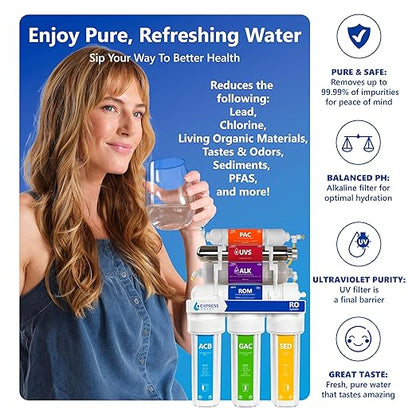 Express Water Reverse Osmosis Alkaline Ultraviolet Water Filtration System – 100 GPD (Deluxe Chrome Faucet) 15"L x 5"W x 17"H