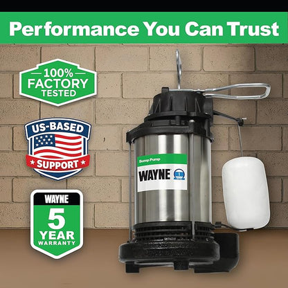 WAYNE CDU1000 1 HP Submersible Sump Pump – Cast Iron & Stainless Steel, Integrated Vertical Float Switch, 6,100 GPH, 5-Year Warranty, Assembled in USA
