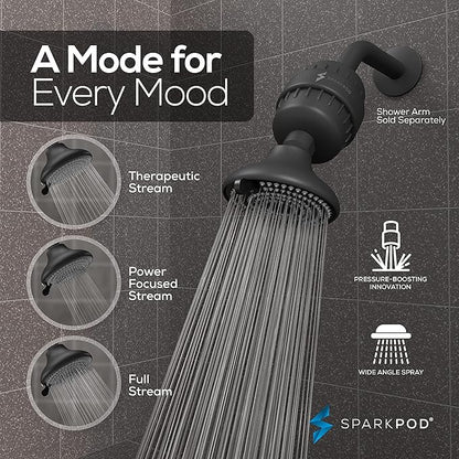 SparkPod 23-Stage Filtered Shower Head with 3 Spray Settings - High Pressure Shower Head with Filters for Dry Hair and Skin - Showerhead with Filter Reduces Chlorine & Heavy Metals (Black Matte)