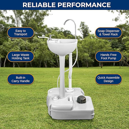 SereneLife Portable Hand Washing Station, 100+ Hand Washes, Hands-Free Foot Pump, Soap Dispenser, and Drain Hose, Ideal for Outdoor Events, Camping, Boating and Worksites