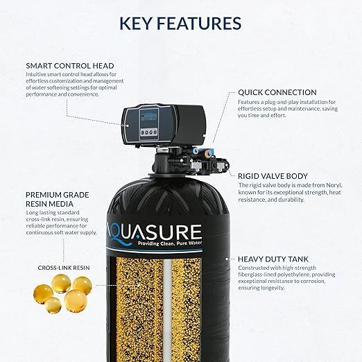 Aquasure Harmony Series 72,000 Grains Whole House Water Softener with High Performance Automatic Digital Metered Control Head | Reduces Hardness & Minerals | for 6+ Bathrooms