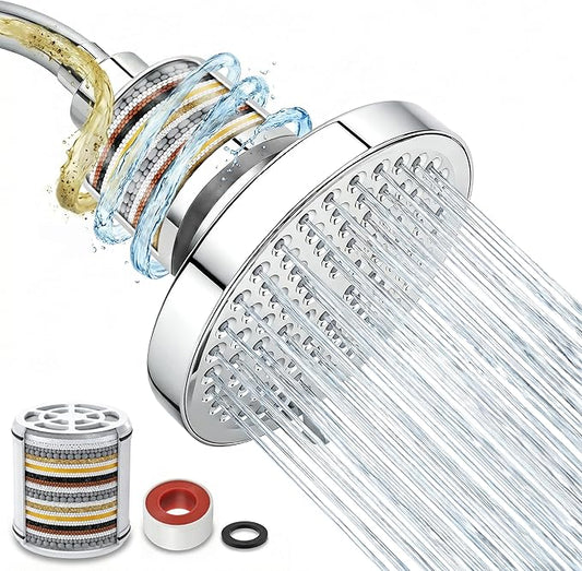 Filtered Shower Head for Hard Water - 25-Stage Shower Filter Nurtures Skin & Hair, Reduces Chlorine & Heavy Metals, 7 High Pressure Showerhead Rain Spray Modes, Easy to Install, Chrome