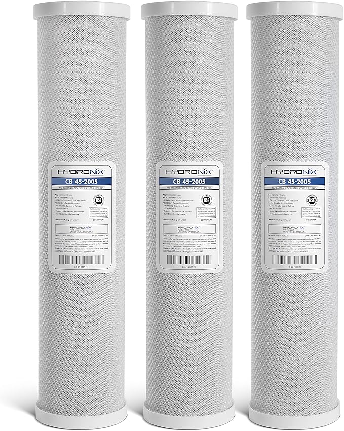 Hydronix CB-45-2005/3 Universal 4.5" x 20” Whole House Water Filter Replacement Cartridge, Commercial & Industrial NSF, Coconut Shell Activated Carbon Block CTO, 5 Micron (3 Pack)
