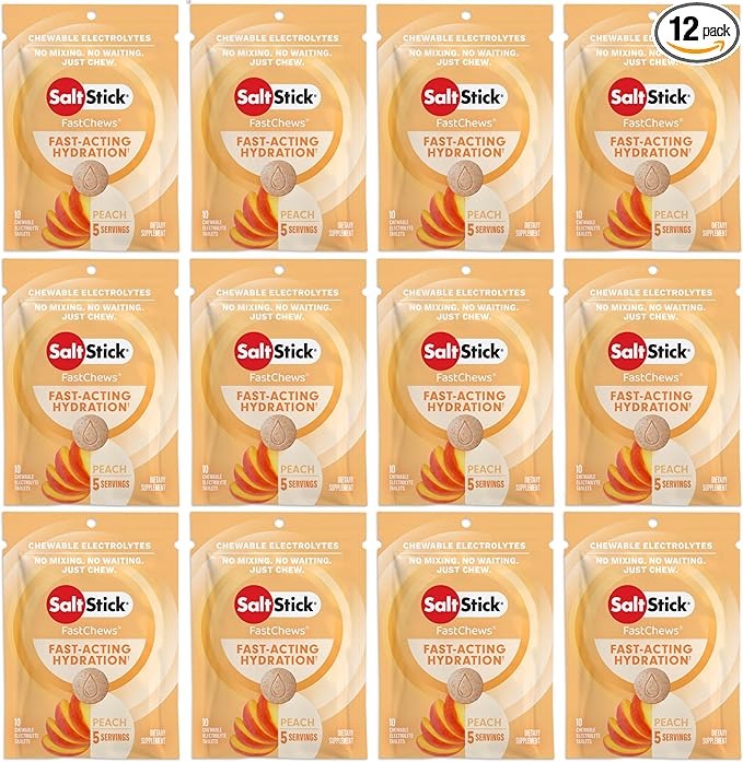 SaltStick Electrolyte FastChews - 120 Peach Chewable Electrolyte Tablets - Electrolyte Chews, Salt Tablets - 12 Packets, 10 Tablets Each