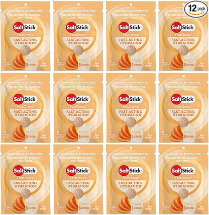 SaltStick Electrolyte FastChews - 120 Peach Chewable Electrolyte Tablets - Electrolyte Chews, Salt Tablets - 12 Packets, 10 Tablets Each