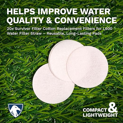 Survivor Filter - 20x Cotton Filter replacements | USA Tested - For Survivor Filter Portable Water Filter Straw L600