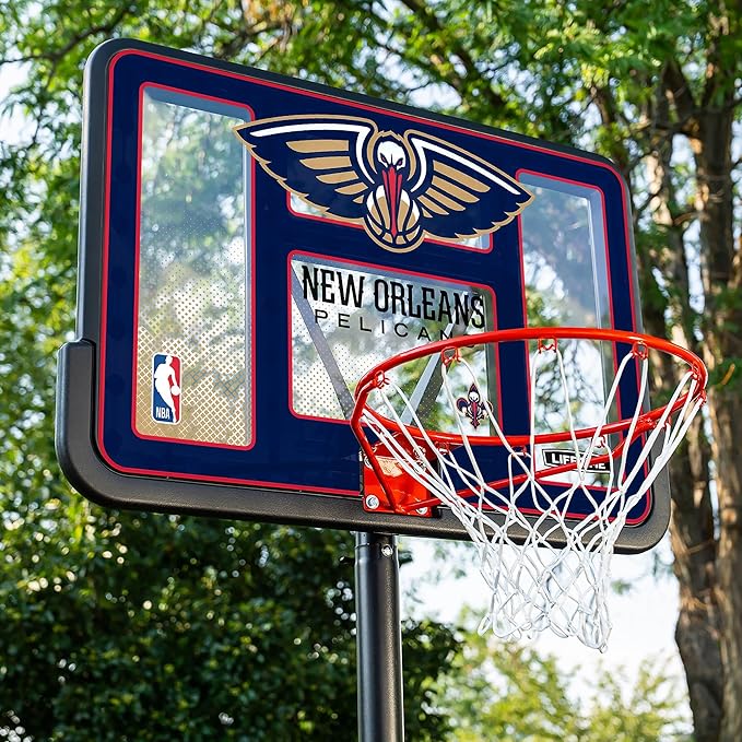 Lifetime NBA New Orleans Pelicans Portable Basketball Hoop, Adjustable Height 7.5-10 Ft, 44 Inch Shatterproof Fusion Backboard, Base with Wheels