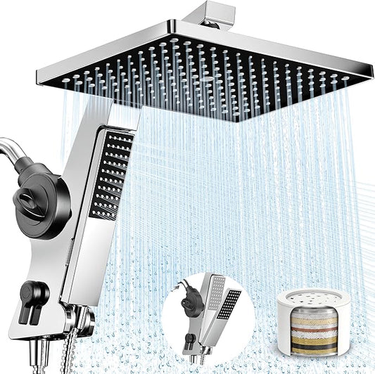 MakeFit Filtered Rain Shower Head with Handheld Combo High Pressure 12'' Rainfall Shower Heads & Hidden Detachable Wand Dual Showerhead Water Softener for Hard Water Easy Filter Replacement