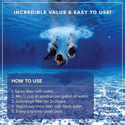 Pool Filter Cleaner - 6 MONTH SUPPLY - 2 to 4 Uses - 32 oz Concentrated Pool Cartridge Filter Cleaner - Removes Dirt, Grease, Oil - No Foam or Residue - Soak & Spray Cleaner - Safe, Natural, Effective