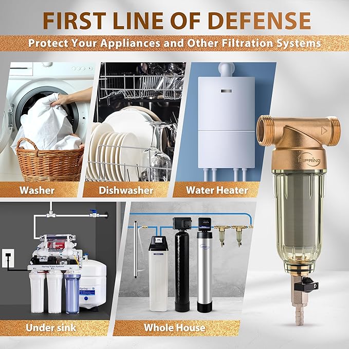 iSpring WSP2PK21 Reusable Whole House Spin Down Sediment Water Filters, Twin Pack with 200 Microns and 100 Microns Filter Sizes, Clear Housing, Lead-Free Brass