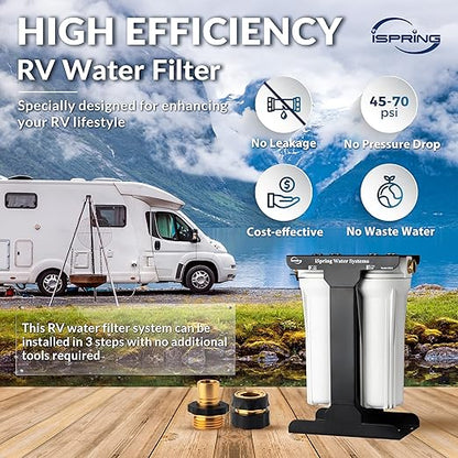 iSpring CW21 2-Stage Water Filtration System for RVs, Leak-Free Brass Fittings, Reduces Odor, Color, Chlorine, Sediment for RVs, Tankless, High Capacity, BPA Free