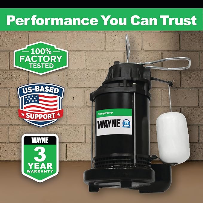 WAYNE CDU790-1/3 HP Submersible Cast Iron and Stainless Steel Sump Pump with Integrated Vertical Float Switch - Up to 4,600 Gallons Per Hour - Heavy Duty Basement Sump Pump, Black