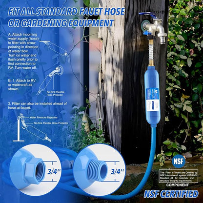 2PK RV Water Filter Kit, Inline Carbon Filter with Flexible Hose | Multi-Stage Filtration, Food-Grade Housing, Reduces Chlorine, Sediment, Bad Taste and Odor, Tool-Free Hose Connection