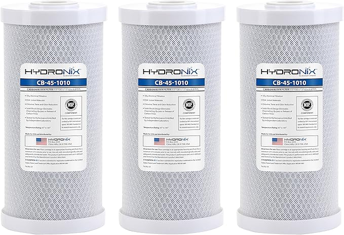 Hydronix HX-CB-45-1010/3 Whole House Commercial Nsf Coconut Activated Carbon Block Water Filter, 4.5" x 10", Micron 3 Pack, White
