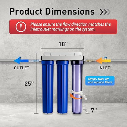iSpring Whole House Water Filter System, Highly Reduces up to 99% Chlorine, Sediment, Taste, Odor, 3-Stage Water Filtration System w/Clear 1st-Stage Housing, Model: WCB32C, 3/4" Inlet/Outlet