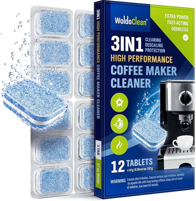 WoldoClean 3-in-1 descaling tablets for fully automatic coffee machines, 12 pieces – airtight sealed in blister packaging, descaler tablets compatible with DeLonghi, Siemens, Jura coffee machines.