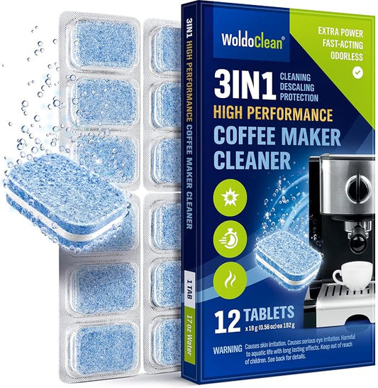 WoldoClean 3-in-1 descaling tablets for fully automatic coffee machines, 12 pieces – airtight sealed in blister packaging, descaler tablets compatible with DeLonghi, Siemens, Jura coffee machines.
