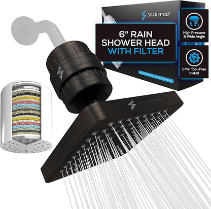SparkPod Luxury Filtered Shower Head Set 23 Stage Shower Filter - Reduces Chlorine and Heavy Metals - High Pressure Showerhead Filter (6" Square, Vintage Oil-Rubbed Bronze)