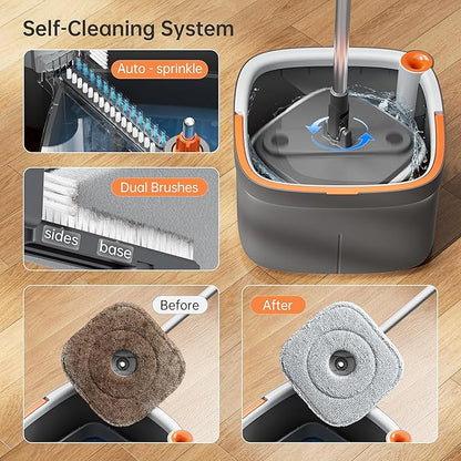 KZKR Spin Mop and Bucket Set with 2 Replaceable Microfiber Mop Pads with Self Separation Dirty and Clean Water System, Self Wringing 360° Rotating Square Mop Head for Hardwood Tile Marble Floors