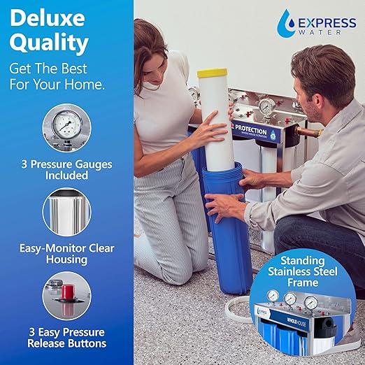 Express Water 3-Stage Whole House Water Filter System, Includes Pre-Filter, Free-Standing Stainless Steel Frame & 3 Pressure Gauges, Reduces Scale, Heavy Metals, PFAs, Lead, Arsenic & Chlorine