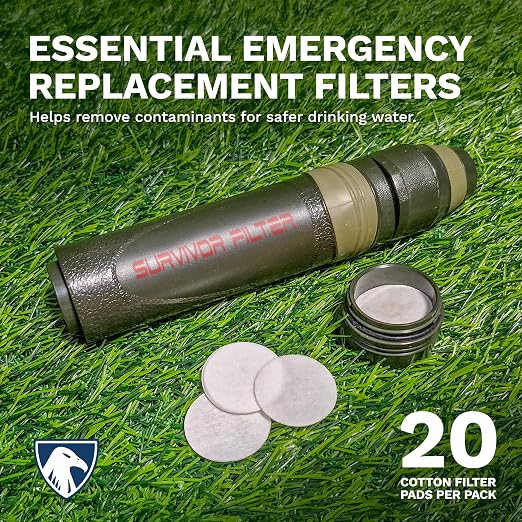 Survivor Filter - 20x Cotton Filter replacements | USA Tested - For Survivor Filter Portable Water Filter Straw L600
