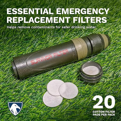 Survivor Filter - 20x Cotton Filter replacements | USA Tested - For Survivor Filter Portable Water Filter Straw L600
