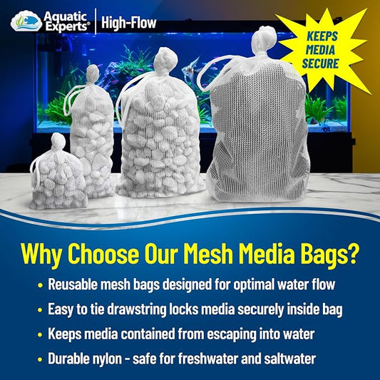 Aquatic Experts High Flow Filter Media Bag - Durable Filter Bags for Fish Tank, Secure Aquarium Media Bag with Drawstring, Media Bags for Aquarium and Pond, High Flow (White), 3” x 8” - 4 Pack