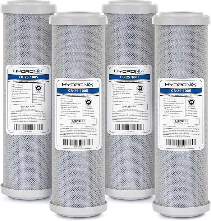 Hydronix CB‑25‑1005 Whole House Coconut Carbon Block Water Filter – 5-Micron Replacement Cartridge for RO & Drinking Water Systems | Standard 2.5 x 10 Inch Filter Housings (4 Pack)