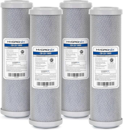 Hydronix CB‑25‑1005 Whole House Coconut Carbon Block Water Filter – 5-Micron Replacement Cartridge for RO & Drinking Water Systems | Standard 2.5 x 10 Inch Filter Housings (4 Pack)