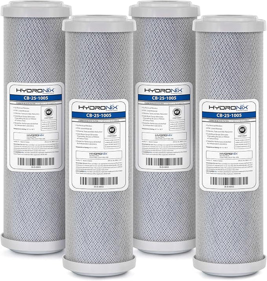 Hydronix CB‑25‑1005 Whole House Coconut Carbon Block Water Filter – 5-Micron Replacement Cartridge for RO & Drinking Water Systems | Standard 2.5 x 10 Inch Filter Housings (4 Pack)