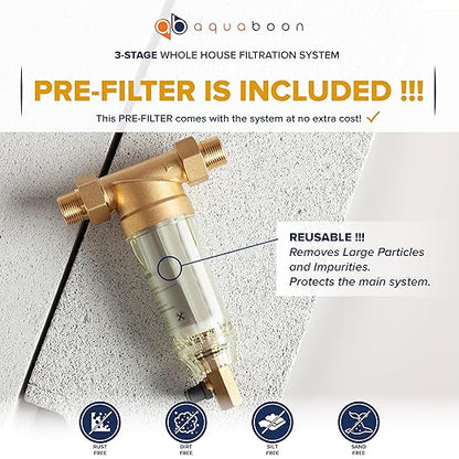 Aquaboon 3-Stage Whole House Water Filter System with 5 Micron 20x4.5 House Water Purification Reducing Sediment and Odors, Carbon Chlorine Reduction Filter (CTO), Pressure Gauge, Wrench, Bracket