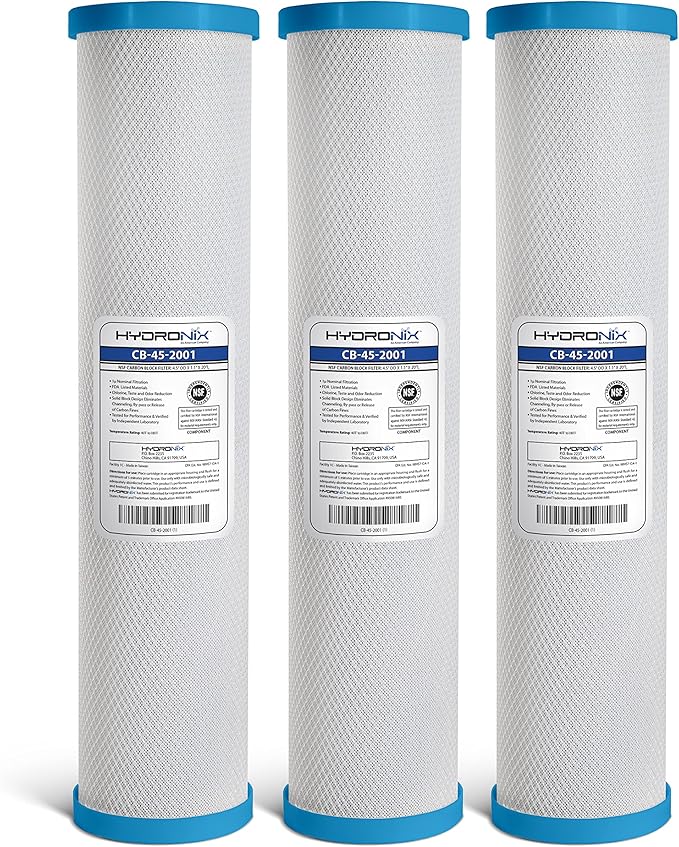 Hydronix CB-45-2001/3 Universal 4.5" x 20” Whole House Water Filter Replacement Cartridge, Commercial & Industrial NSF, Coconut Shell Activated Carbon Block CTO, 1 Micron (3 Pack)