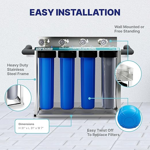 NU Aqua 4 Stage Main Line Salt Free Water Softener Whole House Water Filter System (20” x 4.5”) | Reduce Heavy Metals, Chlorine, Odors | Sediment, Water Softner, Heavy Metal KFD GAC, Carbon Block