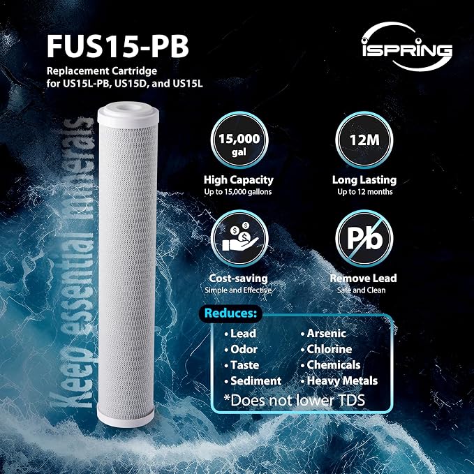 iSpring FUS15-PB Replacement Filter with MetSorb® Media for US15L-PB Under Sink Water Filter, Reduces Lead, Arsenic, Chlorine, Bad Taste & Odor, 15K Gallons High Capacity