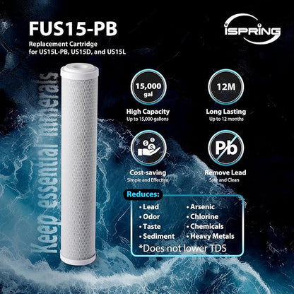 iSpring FUS15-PB Replacement Filter with MetSorb® Media for US15L-PB Under Sink Water Filter, Reduces Lead, Arsenic, Chlorine, Bad Taste & Odor, 15K Gallons High Capacity