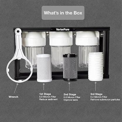 S3 Mini External 3-Stage RV Fresh Water Filter System, Compact, 5 Inch Filters, 3/4" GHT Stainless Steel Fittings, Reduce Sediment, Chlorine, Odor, All Aluminium Free-Standing Chassis, Clear