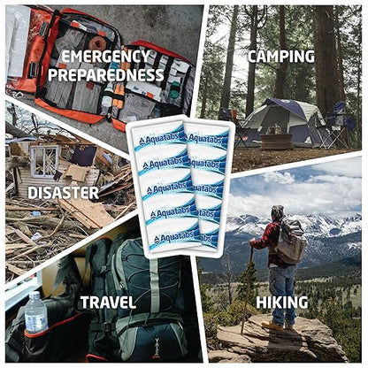 Aquatabs 49mg Water Purification Tablets (100 Pack). Water Filtration System for Hiking, Backpacking, Camping, Emergencies, Survival, and Home-Use. Easy to Use Treatment and Disinfection.