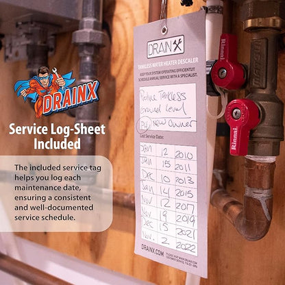 DrainX Tankless Water Heater Flushing Kit Includes Pump, Hoses, Bucket, Maintenance Log, and Replacement Filter for Rinnai Systems – Just Add Vinegar or our Own Descaler