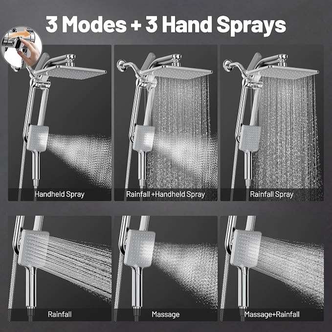Dual Filtered Rainfall Handheld Showerhead Spray Combo with 7 Modes | 2026 Upgraded Shower Head Combo, Dual Filtration For Skin & Hair Care, One-Button Filter Replacement, Modern Chrome