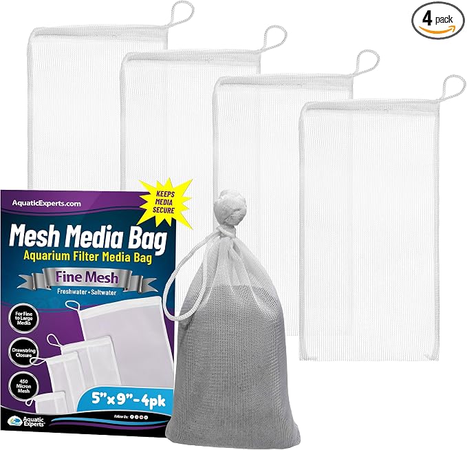 Aquatic Experts Fine Aquarium Media Bag, Durable Drawstring Bags for Fish Tank Filters, 450 Micron Mesh, (Fine, 5" x 9" - 4 Pack)