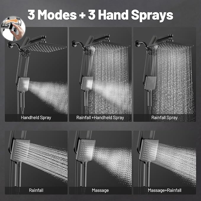 Dual Filtered Rainfall Handheld Shower Head Spray Combo, DAKINGS 7-Mode Shower Head With Handheld Spray Combination, Upgraded 11" High Flow Rain Handheld Spray Combo With Fixed Showerhead, Matte Black