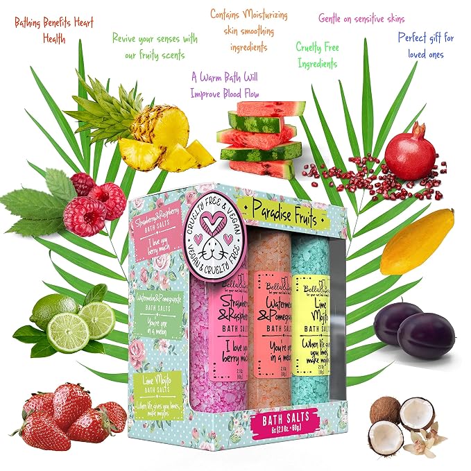 Bath Salts for Women – Relaxing Spa & Foot Soak – Bella & Bear Paradise Fruits – Fruity Scented Bath Soak Gift Set (6 Pack, 2oz) – Vegan & Cruelty-Free