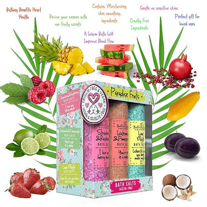 Bath Salts for Women – Relaxing Spa & Foot Soak – Bella & Bear Paradise Fruits – Fruity Scented Bath Soak Gift Set (6 Pack, 2oz) – Vegan & Cruelty-Free