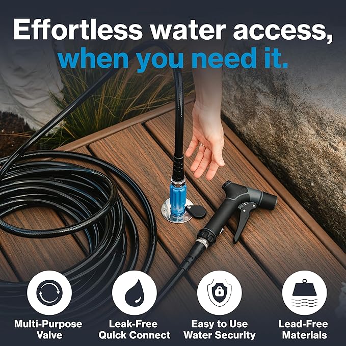 Aquor Universal Hydrant – Stainless Steel Flush-Mount Outdoor Faucet – Push-Twist Quick-Connect with Check Valve, Leak-Free, Universal Water Inlet for Decks and DIY, 1/2" NPT (f) x 3/4" GHT (m)