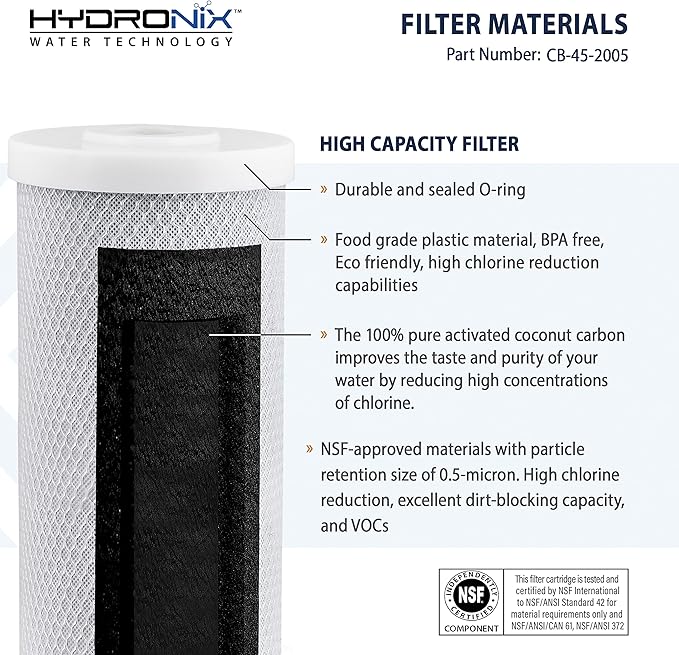 Hydronix CB-45-2005 Whole House, Commercial & Industrial NSF Coconut Carbon Block Water Filter, 4.5" x 20" - 5 Micron