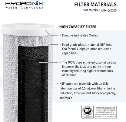 Hydronix CB-45-2005 Whole House, Commercial & Industrial NSF Coconut Carbon Block Water Filter, 4.5" x 20" - 5 Micron